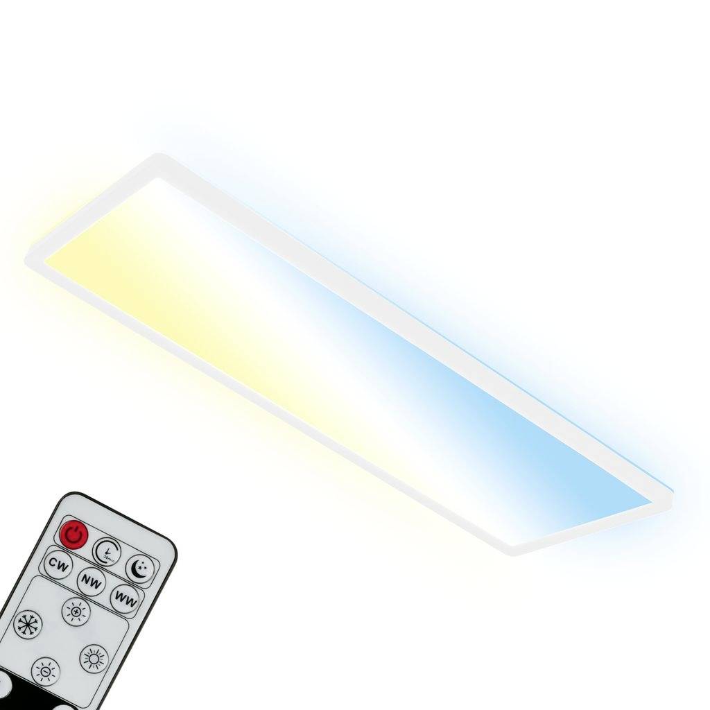Smartes Lichtpanel mit tragbarer Fernbedienung, die Stromversorgungs- und Modusschaltflächen anzeigt und auf einstellbare Farb- und Helligkeitseinstellungen hinweist.