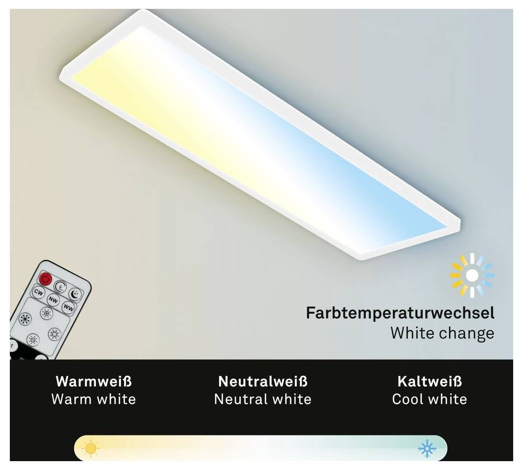 LED-Deckenleuchte mit Fernbedienung, die einstellbare Farbtemperatur von Warmweiß bis Kaltweiß zeigt; Beschriftungen lauten „Warmweiß