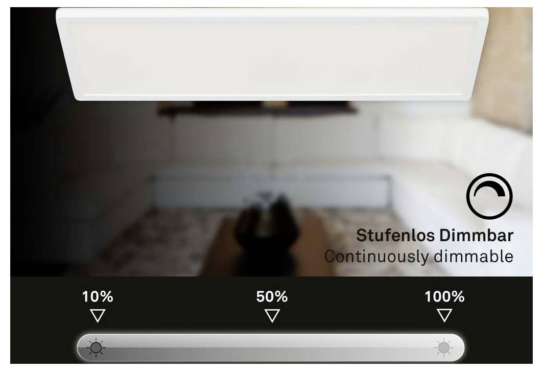Grafik zur Steuerung von berührungsloser, dimmbarer Beleuchtung mit einem horizontalen Schieberegler mit Beschriftungen bei 10%, 50% und 100%, angezeigt als „Stufenlos Dimmbar