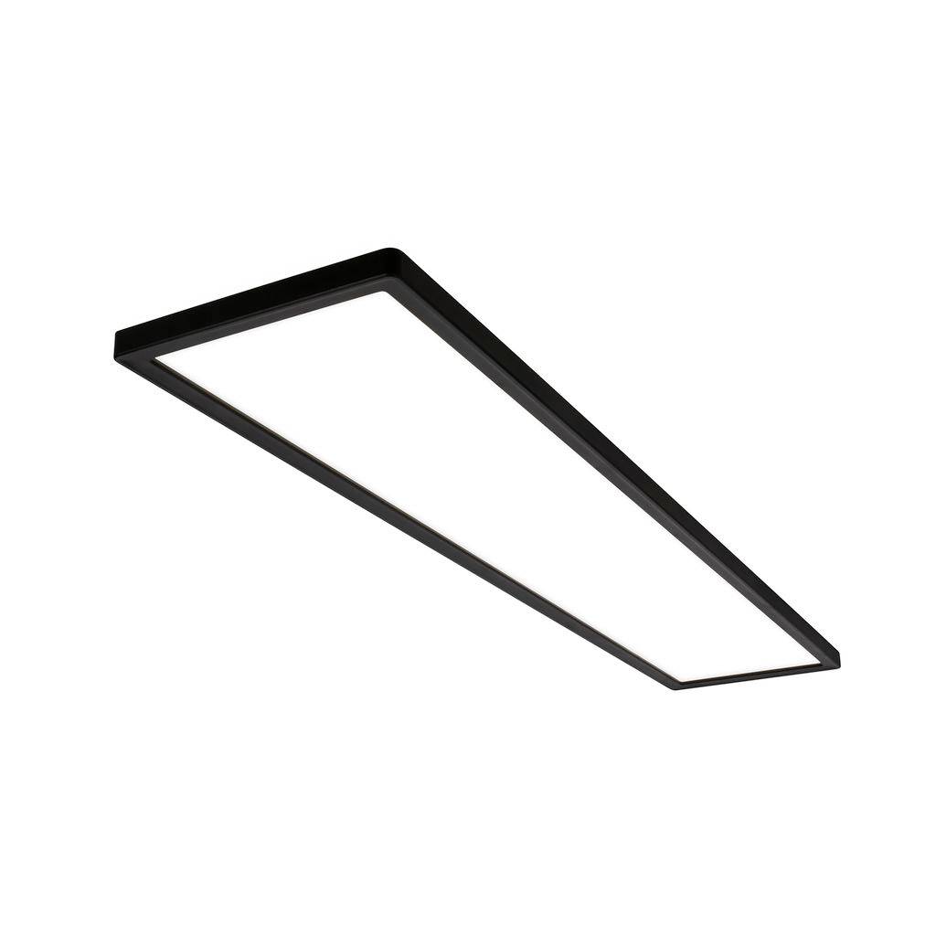 Ein schlankes rechteckiges schwarzes LED-Deckenleuchten-Einbauelement auf weißem Hintergrund.