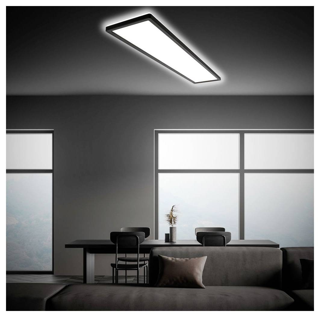 Modernes minimalistisches Wohnzimmer mit einer langen rechteckigen Deckenleuchte, großen Milchglasfenstern, einem dunklen Esstisch mit Stühlen und einem Sofa im Vordergrund.