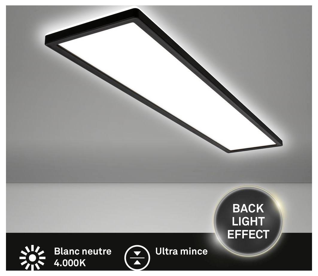 Schlanke rechteckige LED-Deckenleuchte mit Hintergrundbeleuchtung, beschriftet mit „Blanc neutre 4.000K