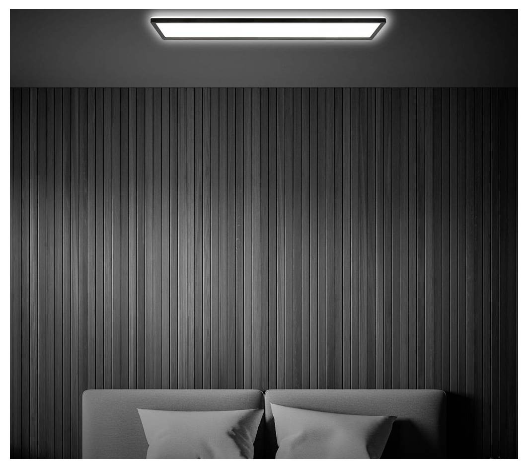 Minimalistisches Schlafzimmer mit vertikaler dunkler Wandverkleidung, einer Deckenleuchte und der Oberseite eines Bettes mit zwei sichtbaren Kissen am unteren Rand.