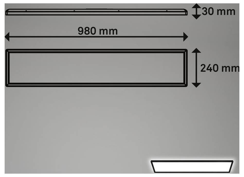 Technische Zeichnung eines rechteckigen Panels mit einer Breite von 980 mm, einer Höhe von 240 mm und einer Dicke von 30 mm, mit Bemaßungspfeilen auf grauem Hintergrund.
