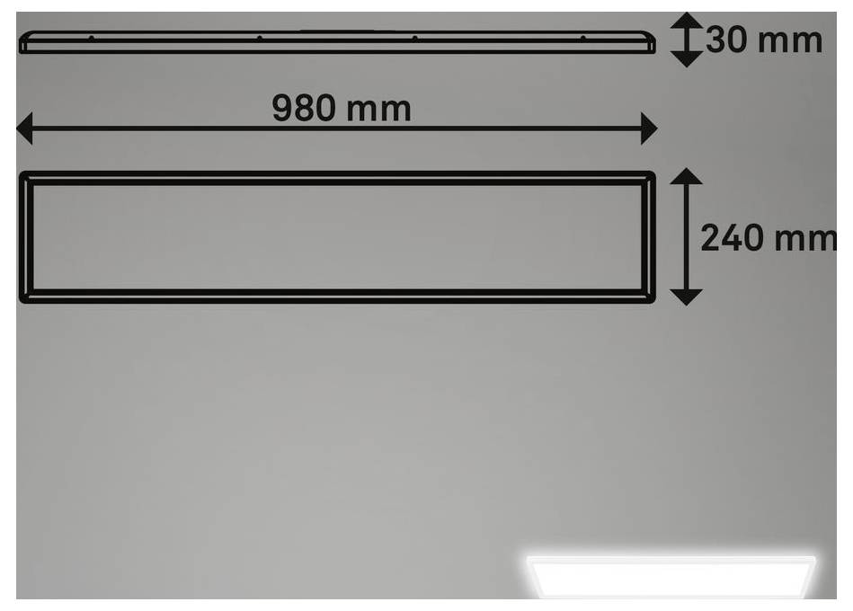 Bemaßte Zeichnung eines rechteckigen Paneels: 980 mm breit, 240 mm hoch und 30 mm dick.
