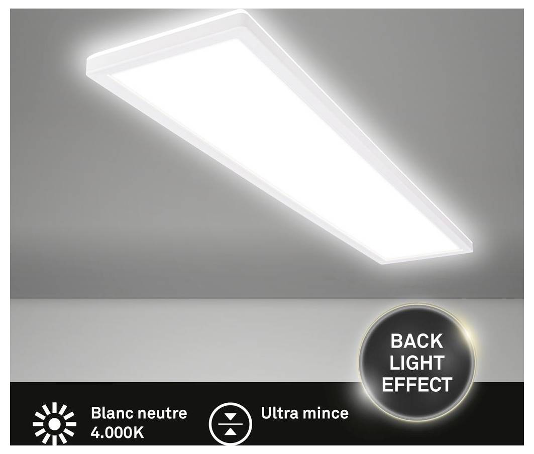 Schlankes rechteckiges LED-Panelleuchte, das auf grauem Hintergrund leuchtet, mit den Beschriftungen „Neutralweiß 4.000K