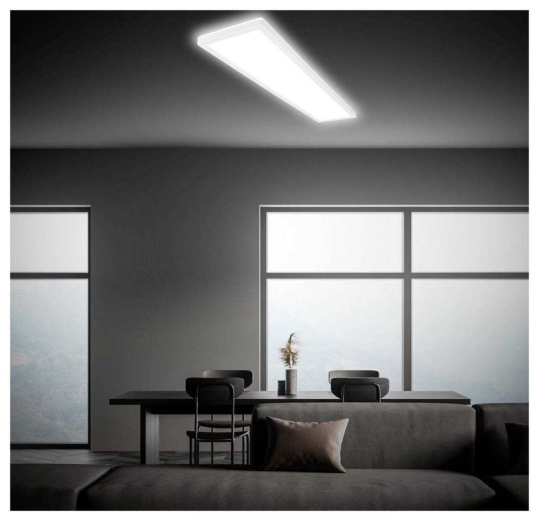 Modernes minimalistisches Wohnzimmer mit dunklem Sofa, Esstisch und Stühlen, großen Fenstern und heller Deckenleuchte.