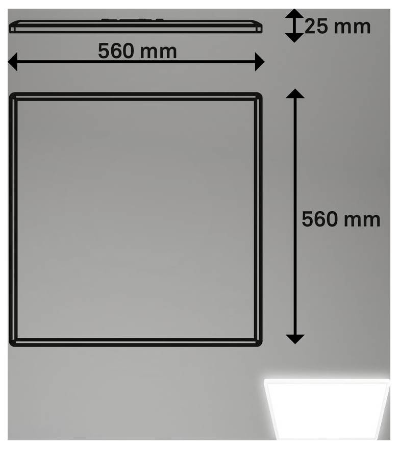 Diagramm eines quadratischen Paneels mit den Abmessungen 560 mm × 560 mm und einer Dicke von 25 mm, dargestellt mit Bemaßungspfeilen.
