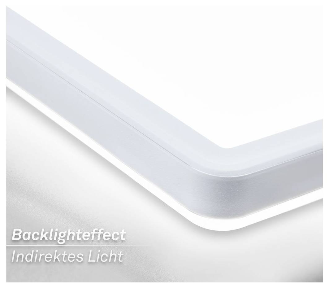 Nahaufnahme einer modernen weißen Lichtpaneel-Kante mit leuchtendem Gegenlicht; Text lautet „Backlighteffekt