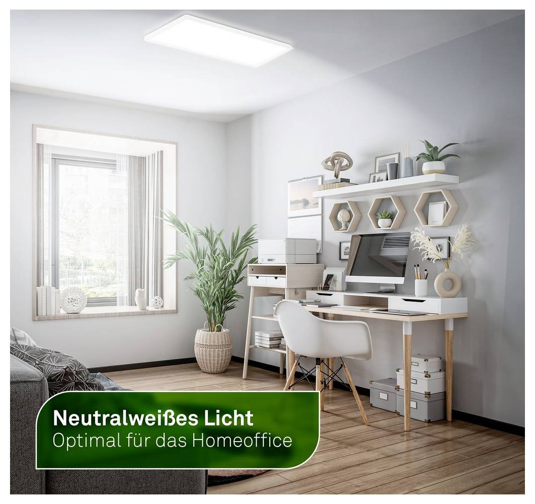 Modernes Homeoffice mit Schreibtisch, Computer, Regalen, Pflanzen und Tageslicht; Overlay-Text sagt „Neutralweißes Licht