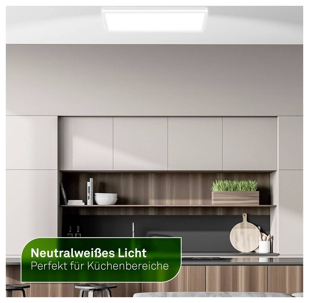 Moderne Küche mit Deckenleuchte und Textüberlagerung mit der Aufschrift „Neutralweißes Licht