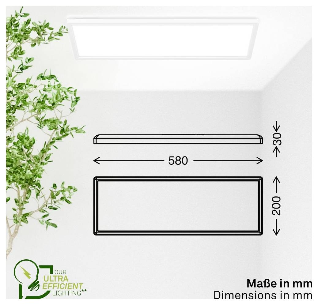 Diagramm einer rechteckigen Deckenleuchte mit Abmessungen in Millimetern: 580 breit, 200 hoch und über 30 tief.