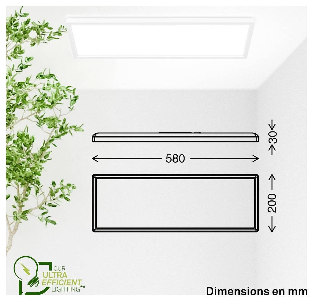 Diagramm einer rechteckigen Leuchte mit den Abmessungen 580 mm breit, 200 mm hoch und über 30 mm tief, beschriftet mit „Abmessungen in mm