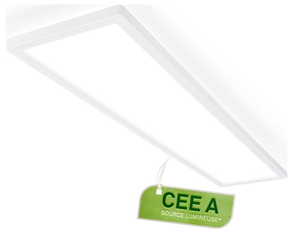Ein schlankes rechteckiges Deckenleuchten-Panel mit einem grünen Etikett mit der Aufschrift „CEE A