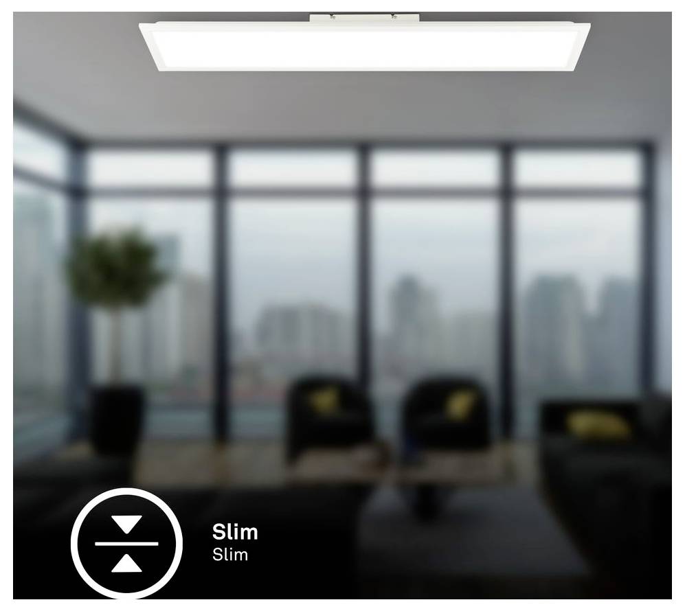 Schmale rechteckige Deckenleuchte, oben abgebildet, über einem unscharfen modernen Büro-Lounge-Bereich mit Stadtblick, beschriftet mit „Slim