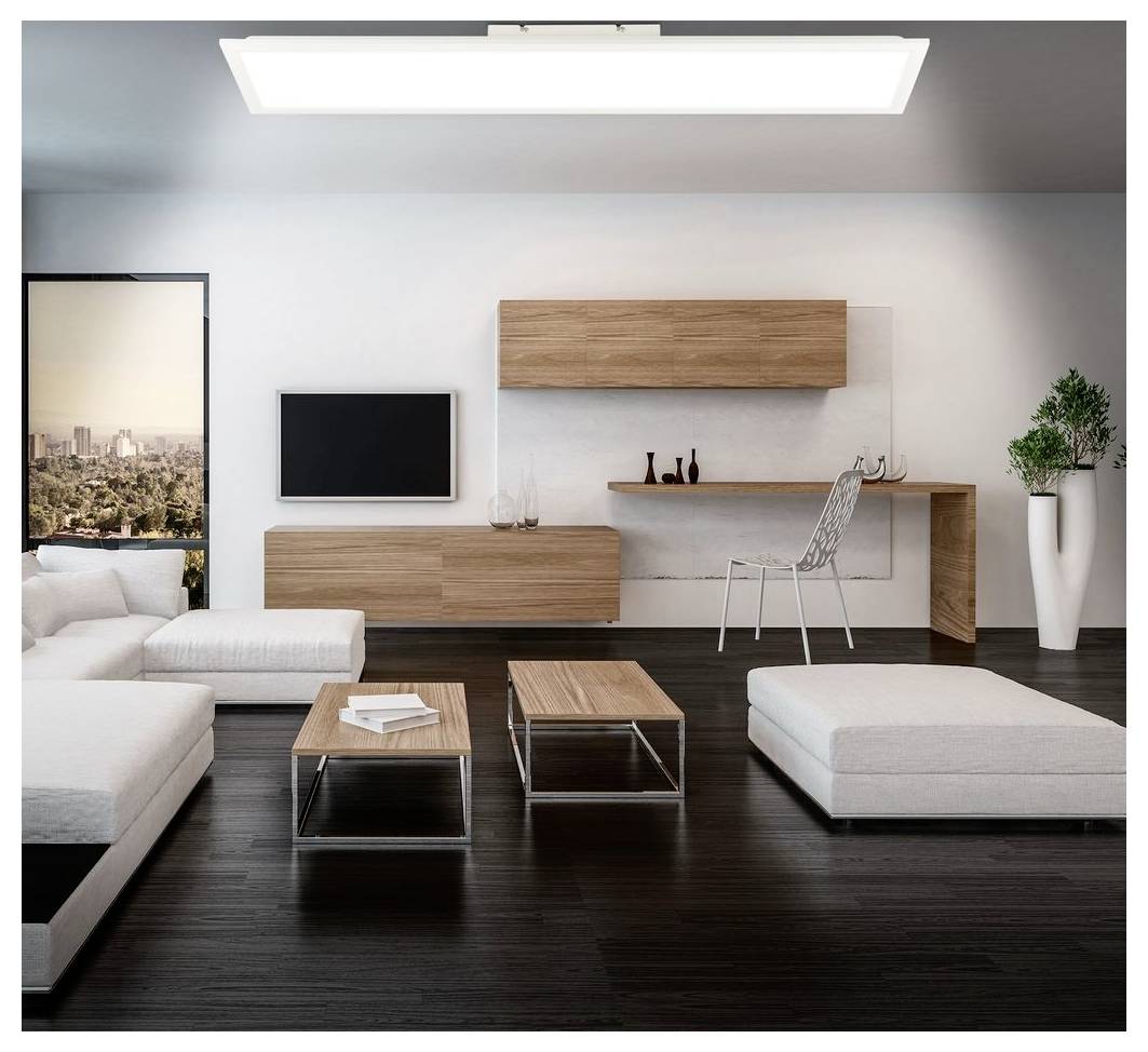 Modernes minimalistisches Wohnzimmer mit weißem Ecksofa, niedrigen Holzcouchtischen, an der Wand montiertem Fernseher, schwebendem Holzregal, Schreibtischbereich und einer Topfpflanze.