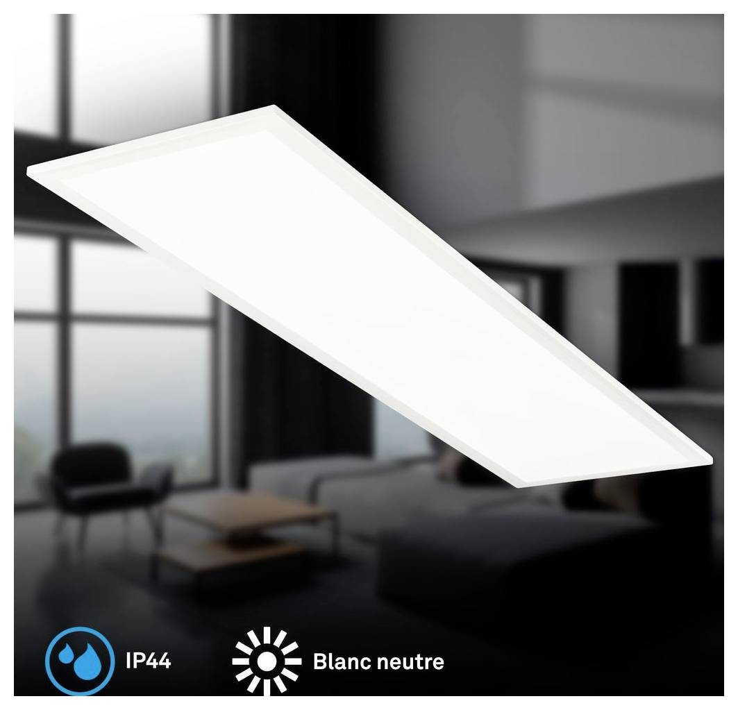Schlankes rechteckiges LED-Deckenleuchten-Panel in einem modernen Wohnzimmer, gekennzeichnet mit IP44 und „Blanc neutre