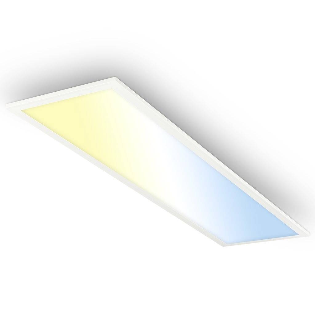 Schlankes rechteckiges LED-Deckenleuchten-Panel, das warmes Gelb und kühles Blau auf weißem Hintergrund ausstrahlt
