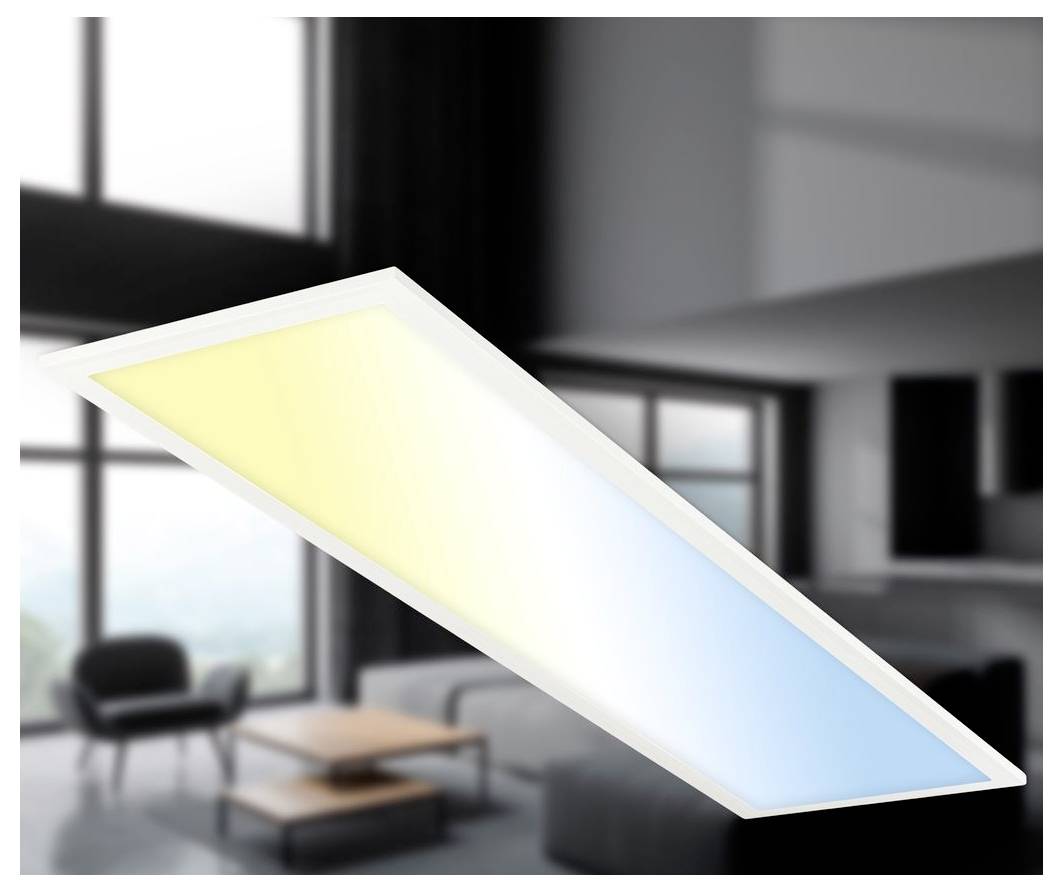 Schmales rechteckiges LED-Deckenpaneel, das in einem modernen Wohnzimmer von warmem Gelb zu kühlem Blau leuchtet.