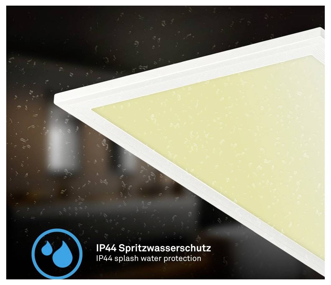 Nahaufnahme einer IP44-zertifizierten LED-Panelleuchten-Ecke mit der Bezeichnung „IP44 Spritzwasserschutz