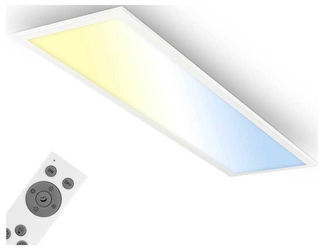 Rechteckiges LED-Deckenleuchten-Panel mit Fernbedienung, das einstellbare Warm- zu Kalt-Farbeinstellungen zeigt.
