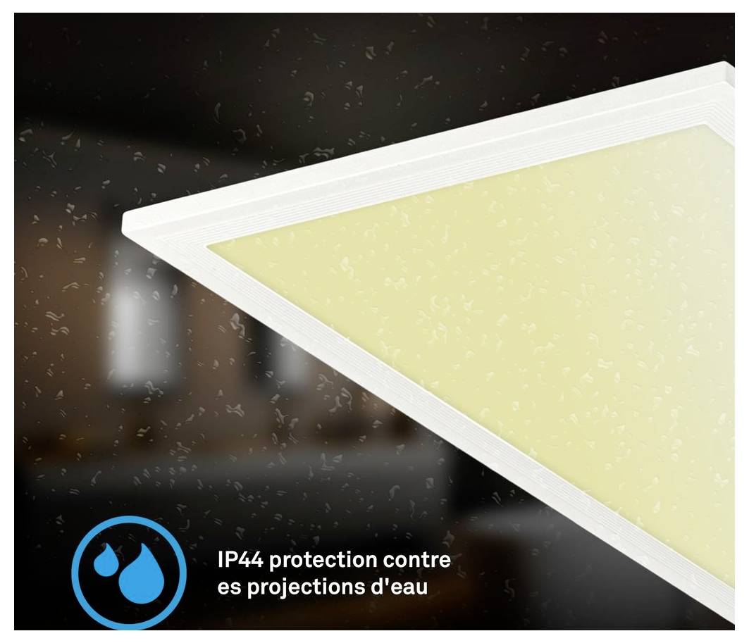 Nahaufnahme eines wasserdichten dreieckigen LED-Leuchtpanels mit dem Text „IP44 Schutz gegen Wasserspritzer