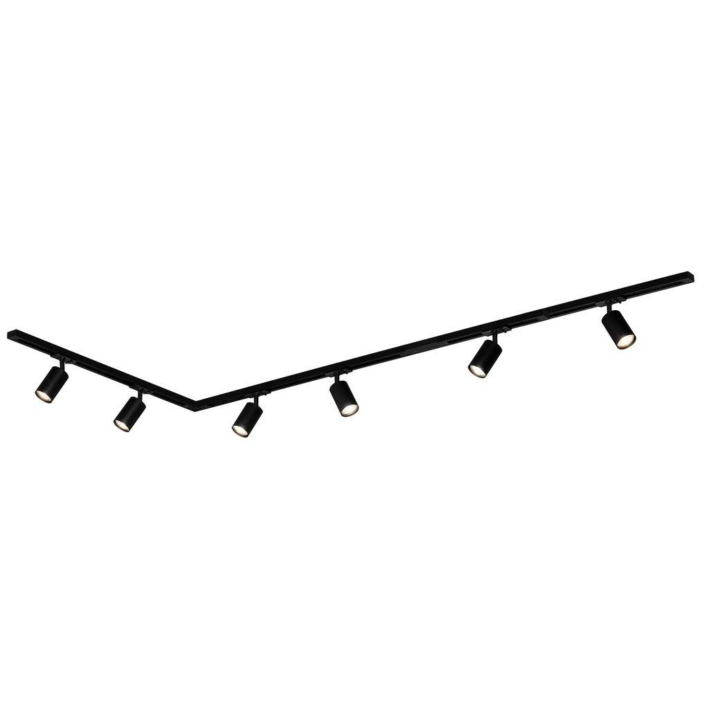 Schwarzte L-förmige Deckenleuchte mit sechs verstellbaren Spots auf weißem Hintergrund.