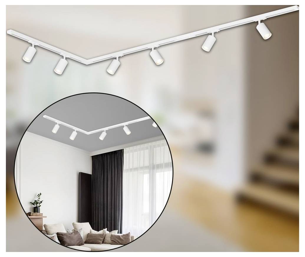 Weiße Schienenstrahler mit verstellbaren Spotlights, die entlang der Deckenecke montiert sind, gezeigt in einem modernen Wohnzimmer mit einer Detailansicht desselben Setups.