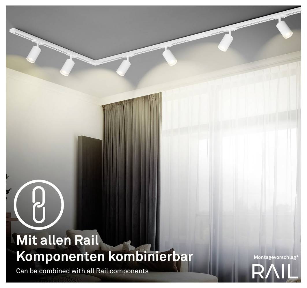 Weiße Deckengleiter-Beleuchtung mit verstellbaren Strahlern in einem modernen Raum; der Text lautet „Mit allen Rail Komponenten kombinierbar