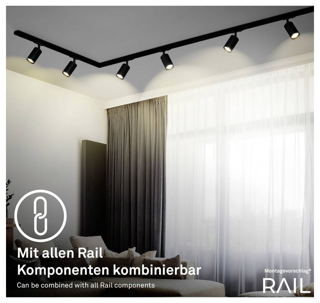 Schienenstrahler im Schlafzimmer mit dunklen montieren Spotlights; Text sagt „Mit allen Rail Komponenten kombinierbar