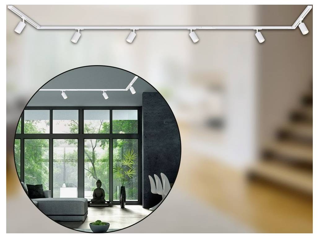 Schienensystem-Leuchte auf weißer Decke, mit einer kreisförmigen Einfassung, die die gleichen Leuchten in einem modernen Wohnzimmer mit großen Fenstern und Pflanzen zeigt.