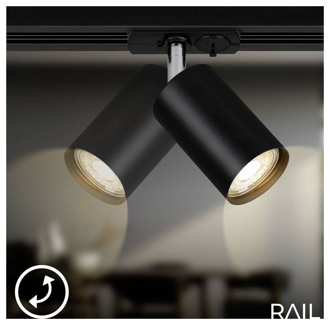 Schwarzte Doppelkopf-Schienenstrahler mit zwei verstellbaren zylindrischen Lampen auf einer Deckenleiste, eine leuchtet nach links und eine nach rechts.