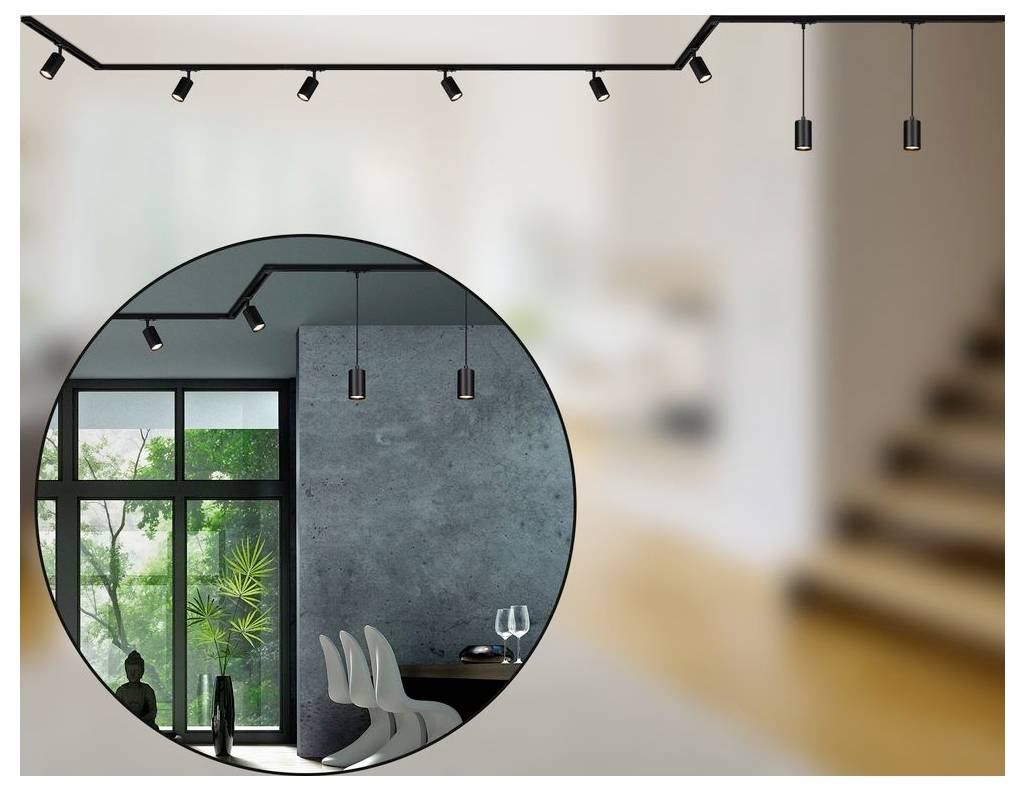 Innendesign-Mockup zeigt einen modernen Raum mit schwarzer Schienenbeleuchung und einer kreisförmigen Ausschnittsdarstellung des fertigen Raums mit großen Fenstern, Pflanzen und weißen Stühlen.