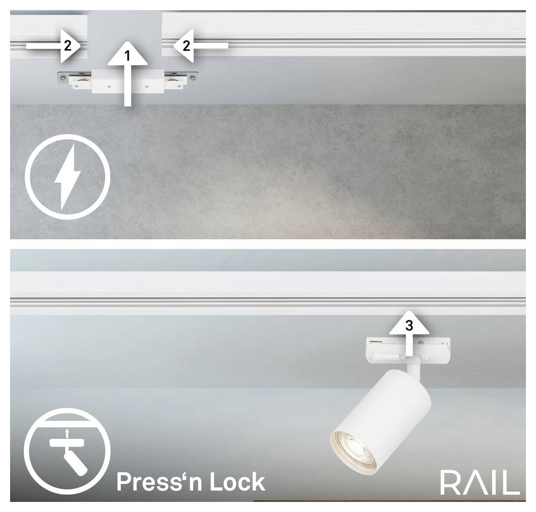 Diagramm zeigt Installation einer Schienenbeleuchtung: Die Pfeile 1 und 2 zeigen auf die Schiene, und Pfeil 3 zeigt auf einen Press'n Lock Strahler, der an der Schiene befestigt ist.