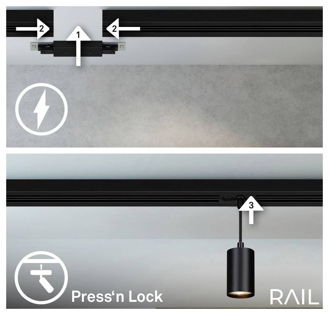 Installationsanleitung für zweiteiliges Schienenlicht: Stecken Sie den Stecker in die Schiene, befestigen Sie dann das Pendelleuchte und verriegeln Sie sie mit „Press'n Lock".