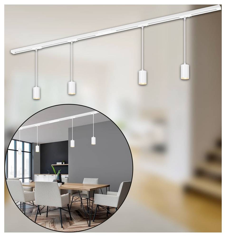 Weiße Deckenleuchte mit Schienensystem und vier hängenden Pendelleuchten; die Detailansicht zeigt die Leuchten in einem modernen Esszimmer über einem Holztisch und Stühlen.