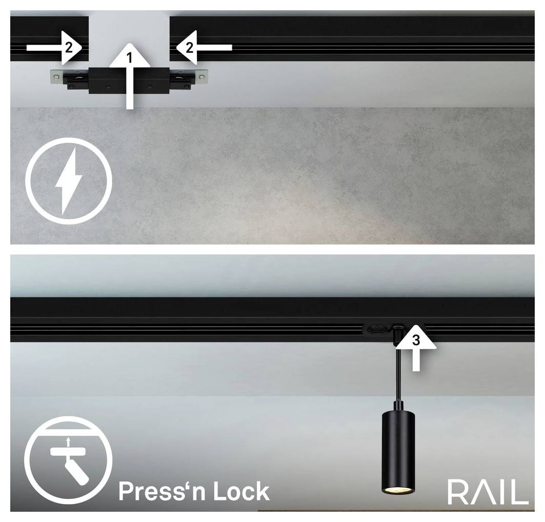 Installationsdiagramm in zwei Paneelen für ein Schienenleuchtensystem: oben wird ein Stromstecker in die Schiene geschoben mit Pfeilen dargestellt; unten wird eine Pendelleuchte in die Schiene verriegelt, beschriftet mit „Press'n Lock