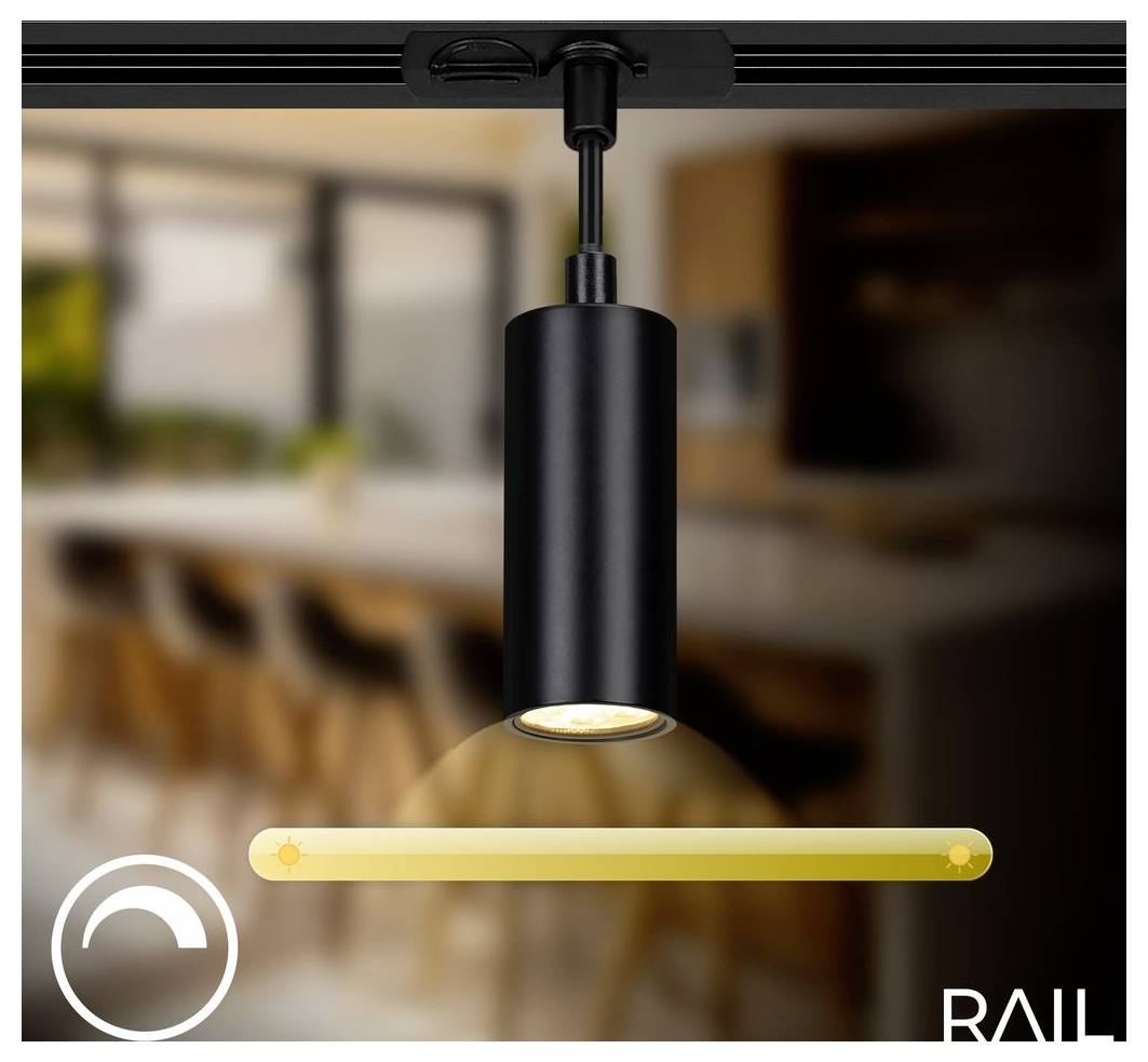 Schwarze Schienenleuchte mit Strahler, der nach unten scheint, mit einem goldenen Helligkeitsschieber und „RAIL