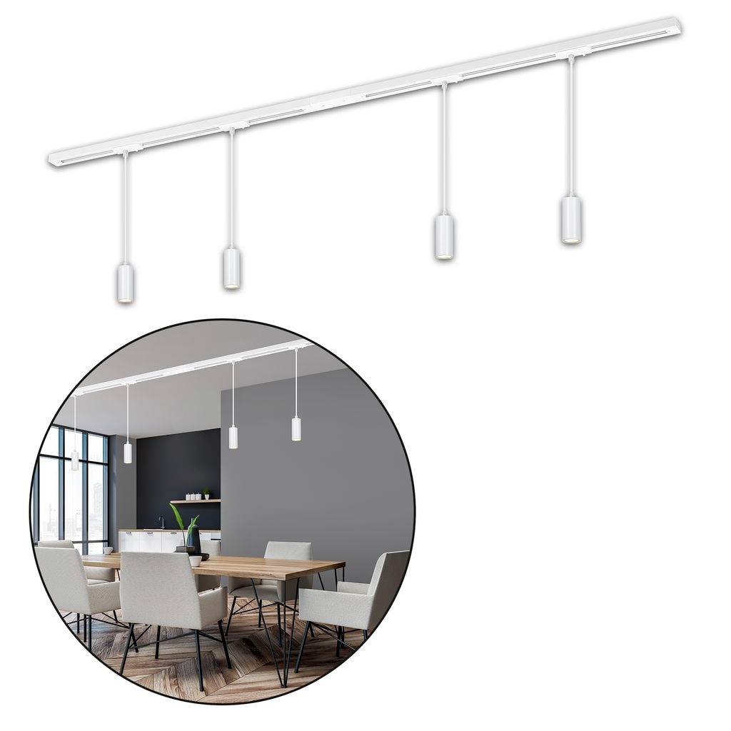 Weiße, an der Decke montierte Schienleuchte mit vier Hängespotlights, gezeigt als Installation über einem modernen Esszimmer für Raumbeleuchtung.