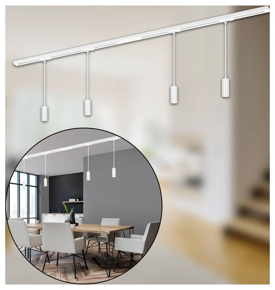 Weiße Deckenleuchte mit vier hängenden Spotlights über einem modernen Esszimmer, gezeigt in einer kreisförmigen Einblendung.