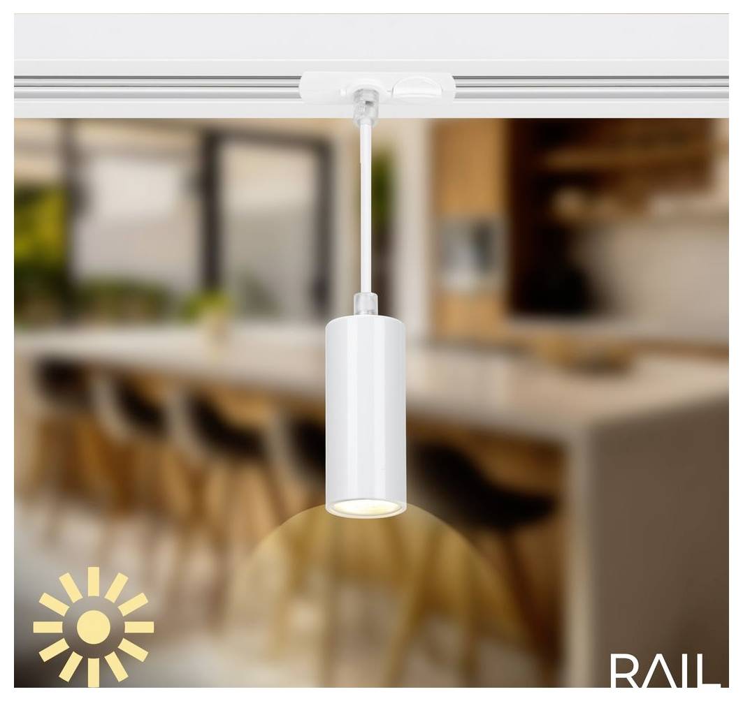 Weiße zylindrische Pendelleuchte, die von einer Deckenleiste in einem unscharfen modernen Küchen- oder Essbereich hängt, mit Sonnenlicht-Symbol und RAIL-Logo.