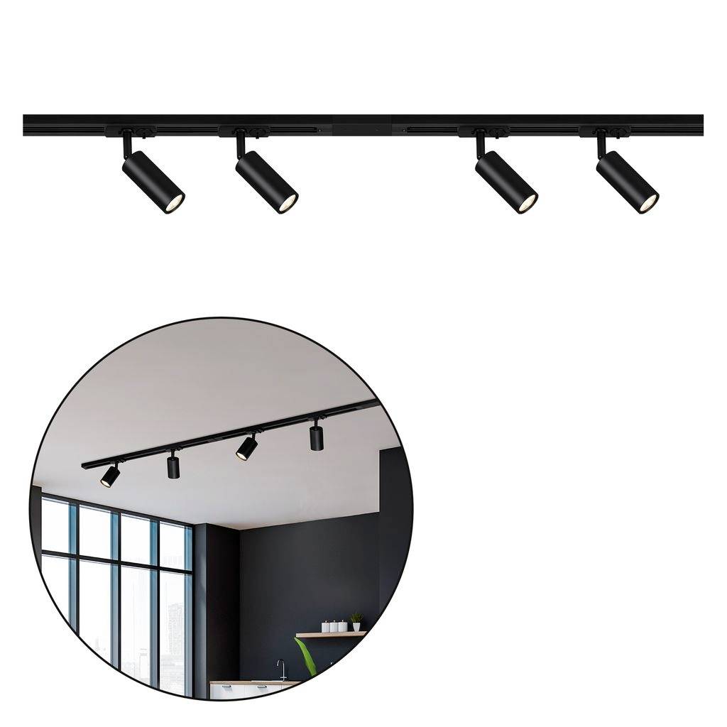 Schwarze verstellbare Schienenbeleuchung mit vier Spotlights, die an einer Decke montiert sind, gezeigt mit einer kreisförmigen Vergrößerung der Leuchte in einem modernen Raum.