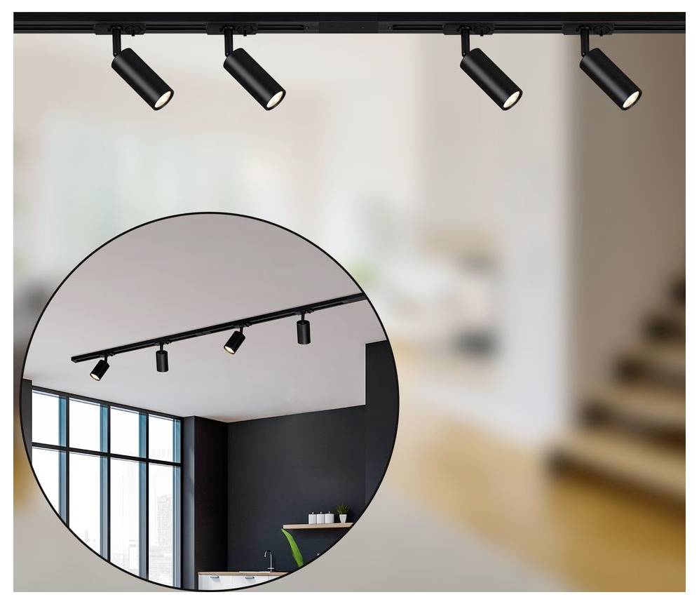 Schwarze verstellbare Deckenleuchten in einem Raum, dargestellt mit einer runden Vergrößerung der Leuchten, die über einem Fenster in einem modernen Innenraum installiert sind.