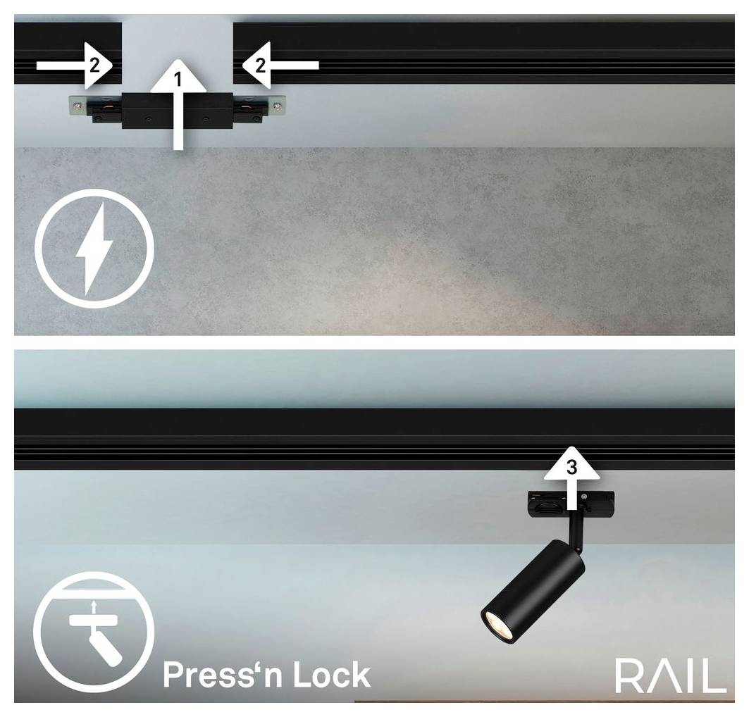 Das Diagramm zeigt die Installation einer Schienenspur: Schieberegler von beiden Seiten einführen und einen Strahler mit Press'n Lock auf der Schiene verriegeln.