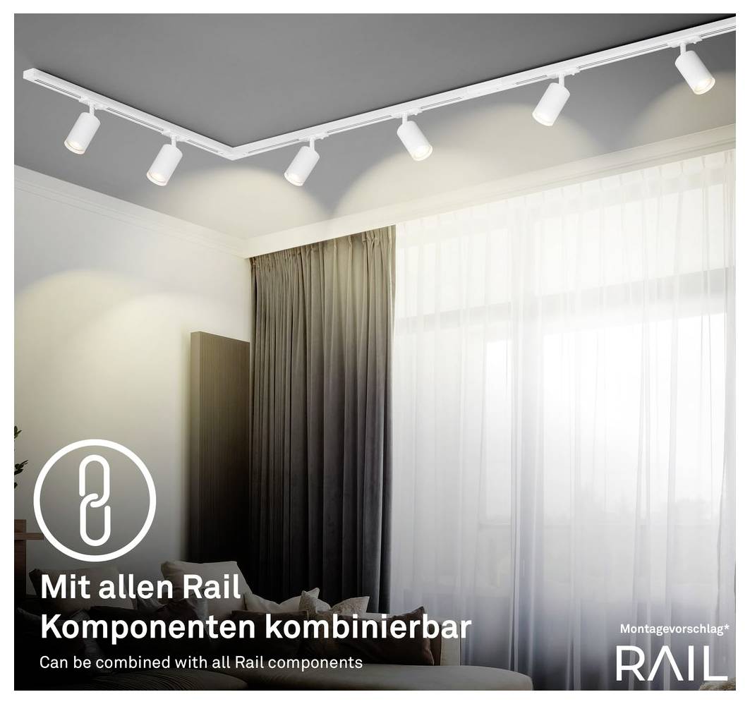 Innenraum mit weißer Decke, Schienenstrahler und Text „Mit allen Rail Komponenten kombinierbar