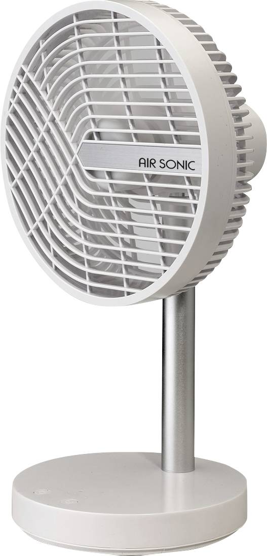 Ein kleiner weißer Tischventilator mit rundem Sockel und 