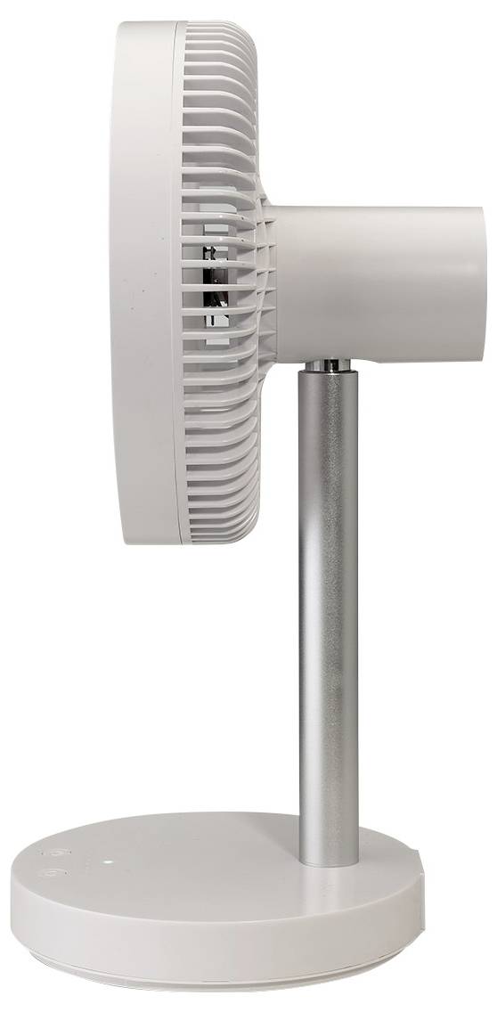 Ein kleiner weißer Tischventilator mit rundem Sockel und vertikalem Ständer, dargestellt in Seitenansicht.
