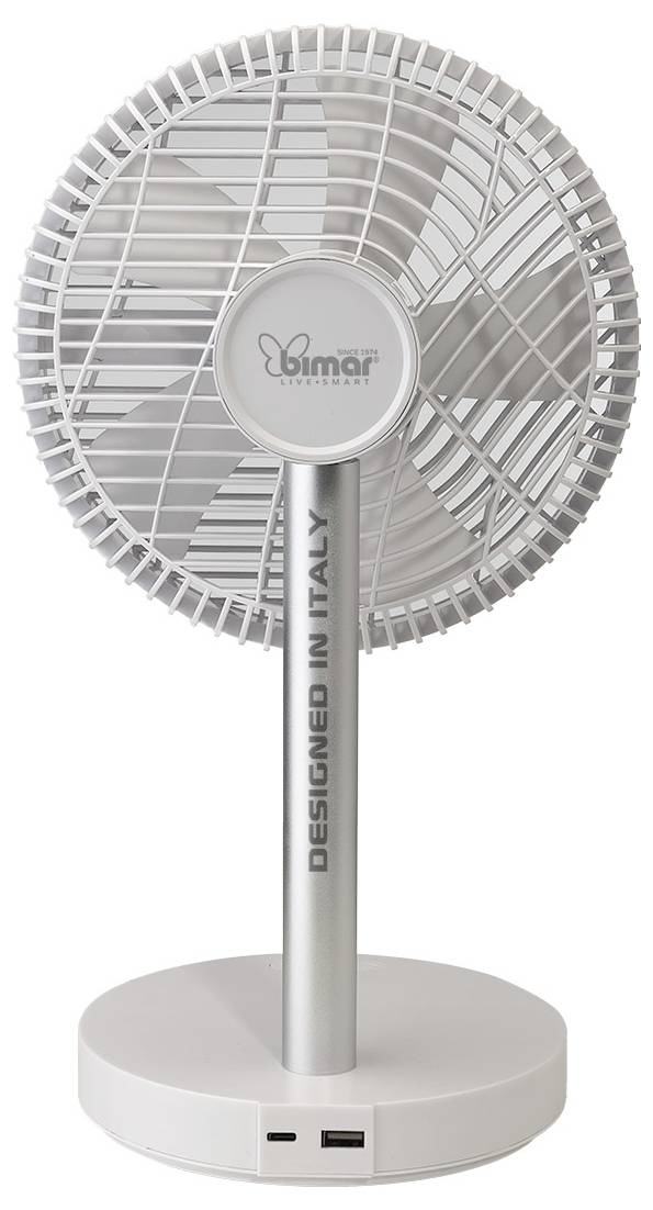 Ein weißer Tischventilator mit rundem Sockel und zentralem Stützpfosten, mit der Marke „Bimar