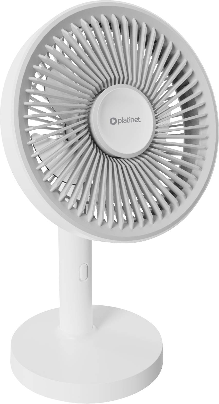 Weißer Platinet Tischventilator mit kreisförmigem Gitter und Ständer auf rundem Sockel.