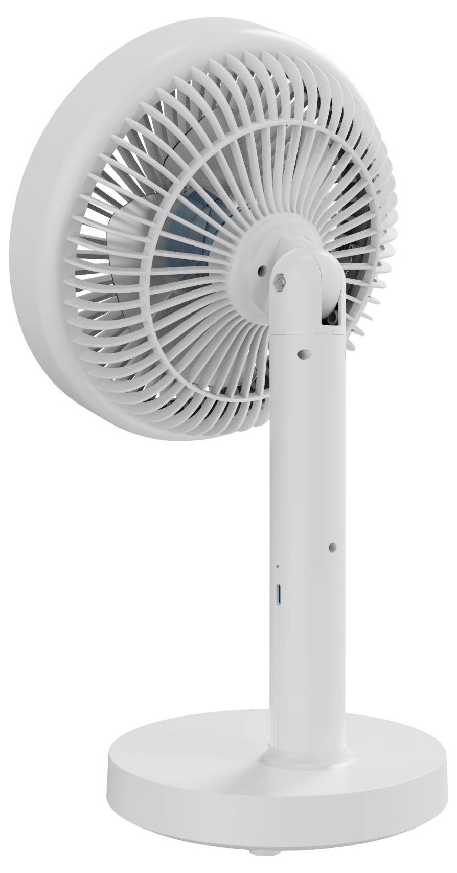 Weißer Tischventilator mit rundem Sockel und verstellbarer Neigung, in Seitenansicht gegen einen neutralen Hintergrund dargestellt.